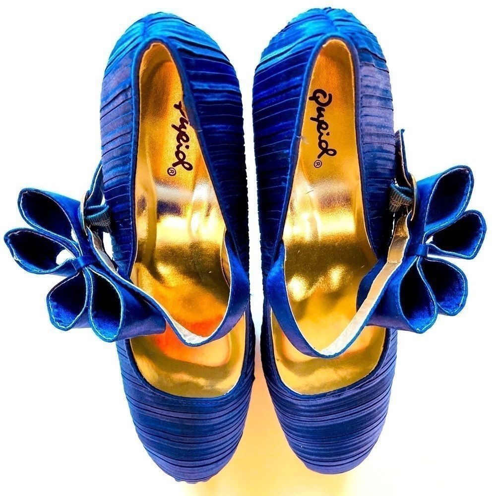 Brand New Qupid Blue Satin Pumps Large Bow
